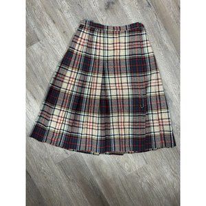 ILGWU Made In USA Wool Multicolor Plaid Pleated Midi Skirt w/ Pin Detail Women's